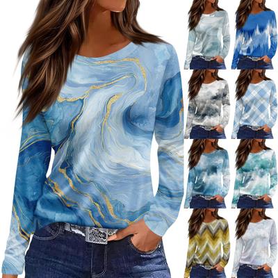 Женская мода повседневный топ с цветочным принтом и круглым вырезом, длинными рукавами