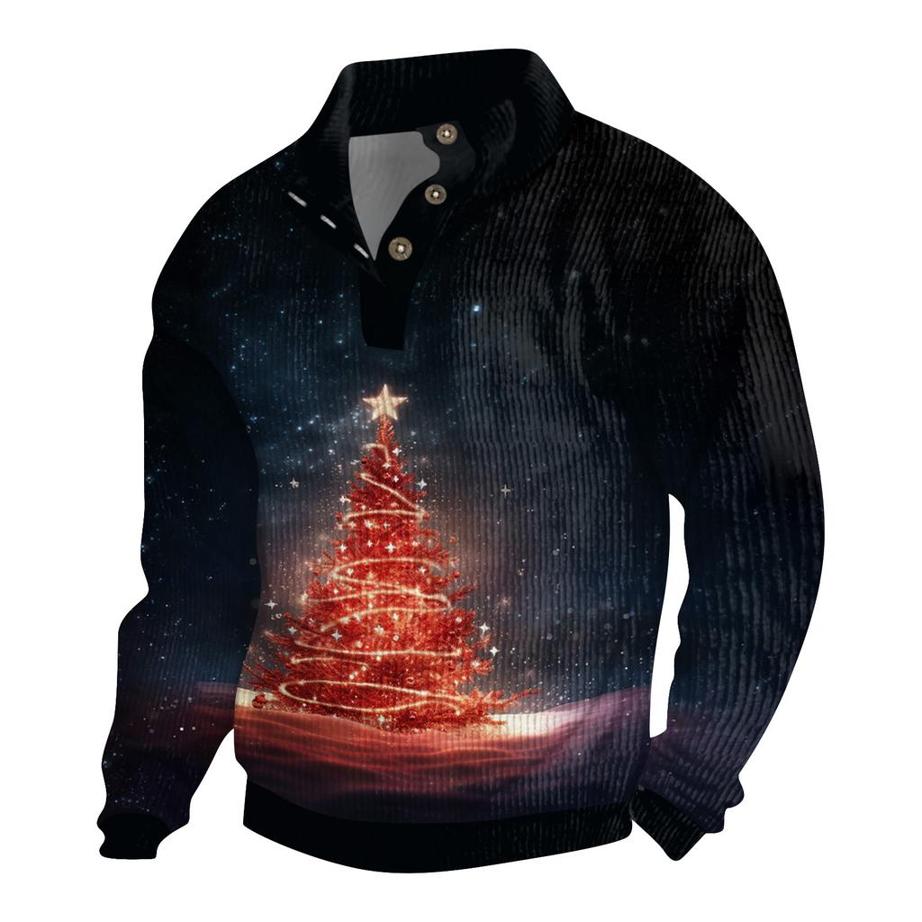 Мужская рождественская хлопковая рубашка-пуловер с длинным рукавом для активного отдыха, винтажная вельветовая рубашка с воротником-стойкой и пуговицами, повседневная толстовка с рождественским принтом