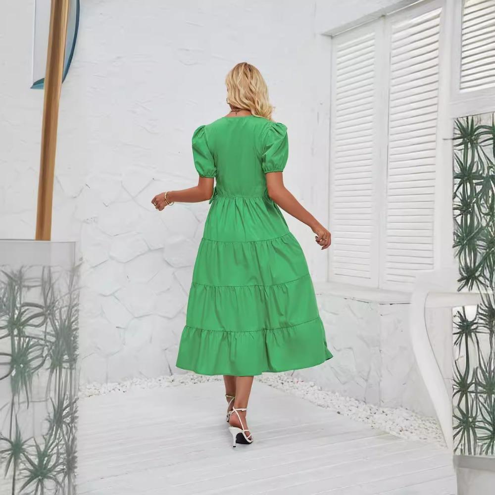 Summer Casual V-neck Dress with Puff Sleeves, Loose Layered A-line Flowing Long Skirt