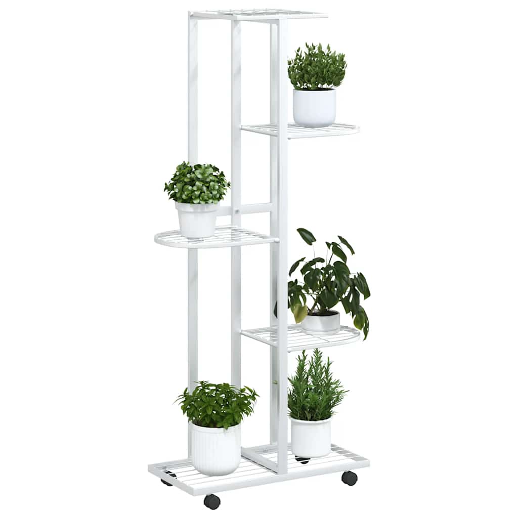5 Tier Flower Stand with Casters 44 x 23 x 100 cm White Iron