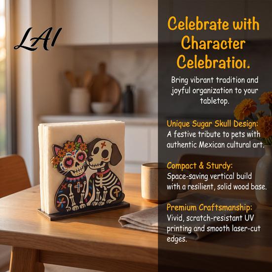 Gothic Home Accessories Day of The Dead Wooden Skull Napkin Holder Decorative Floral Tissue Dispenser Decor Dia De Los Muertos Paper Towel