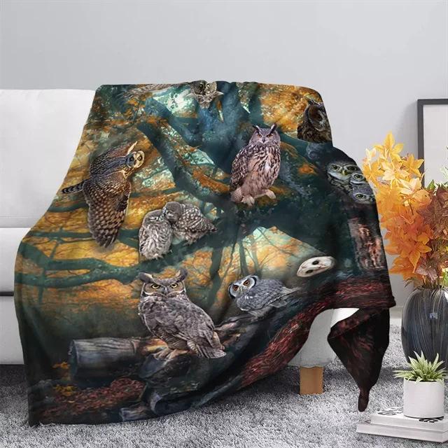 2D Vivid Owl Print Blanket Travel Picnic Flannel Blanket Blanket