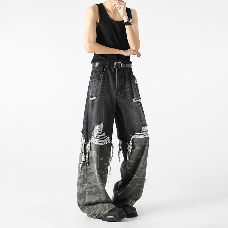 Unisex Oversized Straight Leg Denim Pants With Camo Patchwork Raw Hem Loose Fit Daily Wear