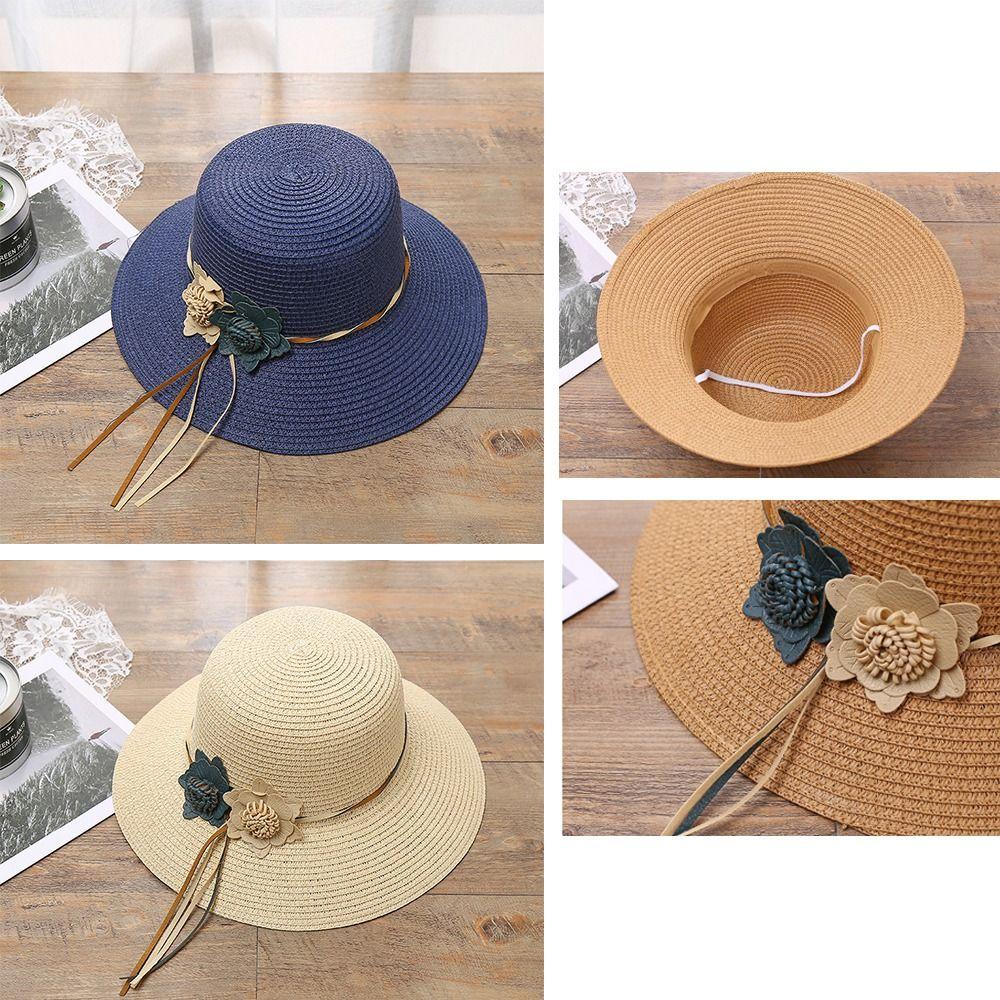 For Travel Woven Summer Beach Sunshade Hat Sun Hat Flower Straw Hat Panama Style Hat