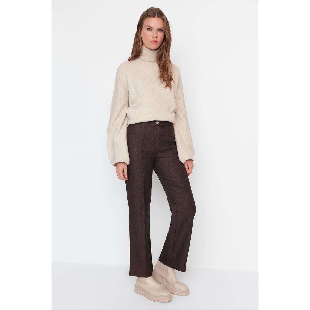 Brown High Waist Rib Detailed Wide Leg Woven Trousers Tctaw23tp00006