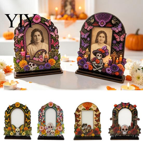 Vintage Altar Photo Holders Dia De Los Muertos Wooden Frame Tabletop Decor, Day of The Dead Retro Mexican Folk Ornaments Memorial Picture Holder