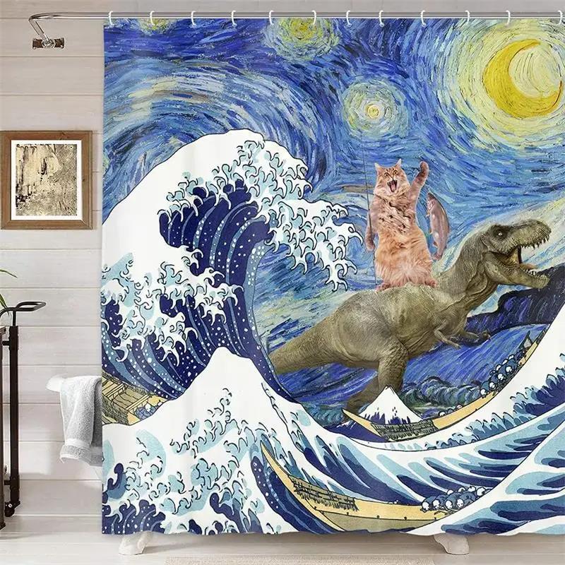 Funny Octopus Shower Curtains Marine Animal Mermaid Sailboat Vintage Nautical Map Bath Curtain Fabric Bathroom Decor with Hooks