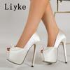 Fashion Liyke Sexy Hollow Out Peep Toe 16CM Extreme High Heels For Women Stiletto Wedding Prom Shoes Fashion Pearl Silk Platform Pumps