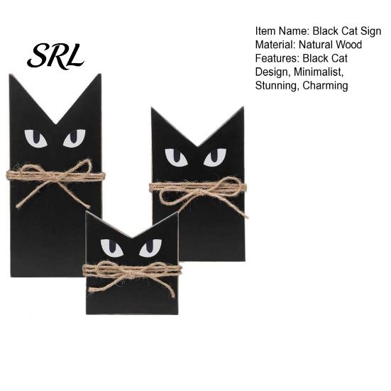 Photography Prop 3 Pcs Halloween Black Cat Wooden Block Sign, Vintage Table Decoration Solid Wood Craft with Burlap Rope, Rustic Farmhouse Tiered Tray