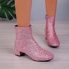 Fashion Short Boots Female 2024 Autumn/Winter New Sequin Fabric Short Boots Female Thick High Heel Boots Female Platform Shoes