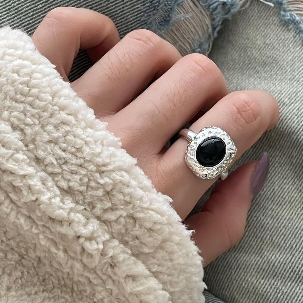 Женское ретро черное овальное геометрическое разомкнутое кольцо - Универсальное модное украшение на указательный палец