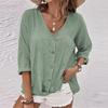 Women's Fashion Casual Solid Color V-Neck Chest Button Seven Sleeve T-Shirt Top