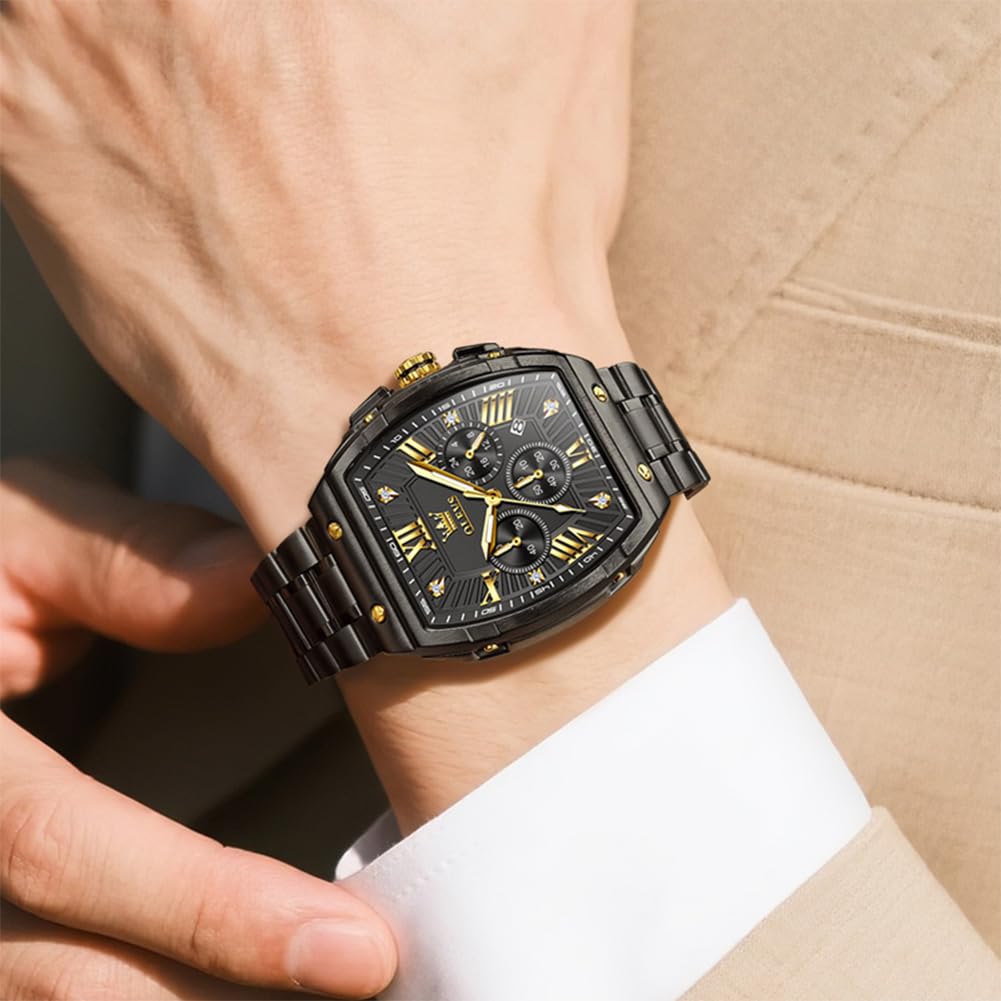 Olevs Men's Watch Black Popular Formal Waterproof Quartz Analog Large Fashion Stainless Steel Work Watch Chronograph Luminous Gift for Men Wristwatch