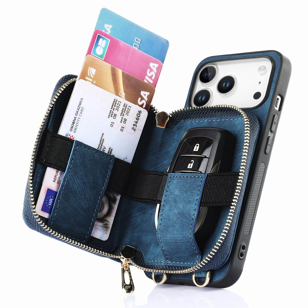 For iPhone 17 Pro PU Leather Phone Back Cover with Zipper Card Holder and Long Strap