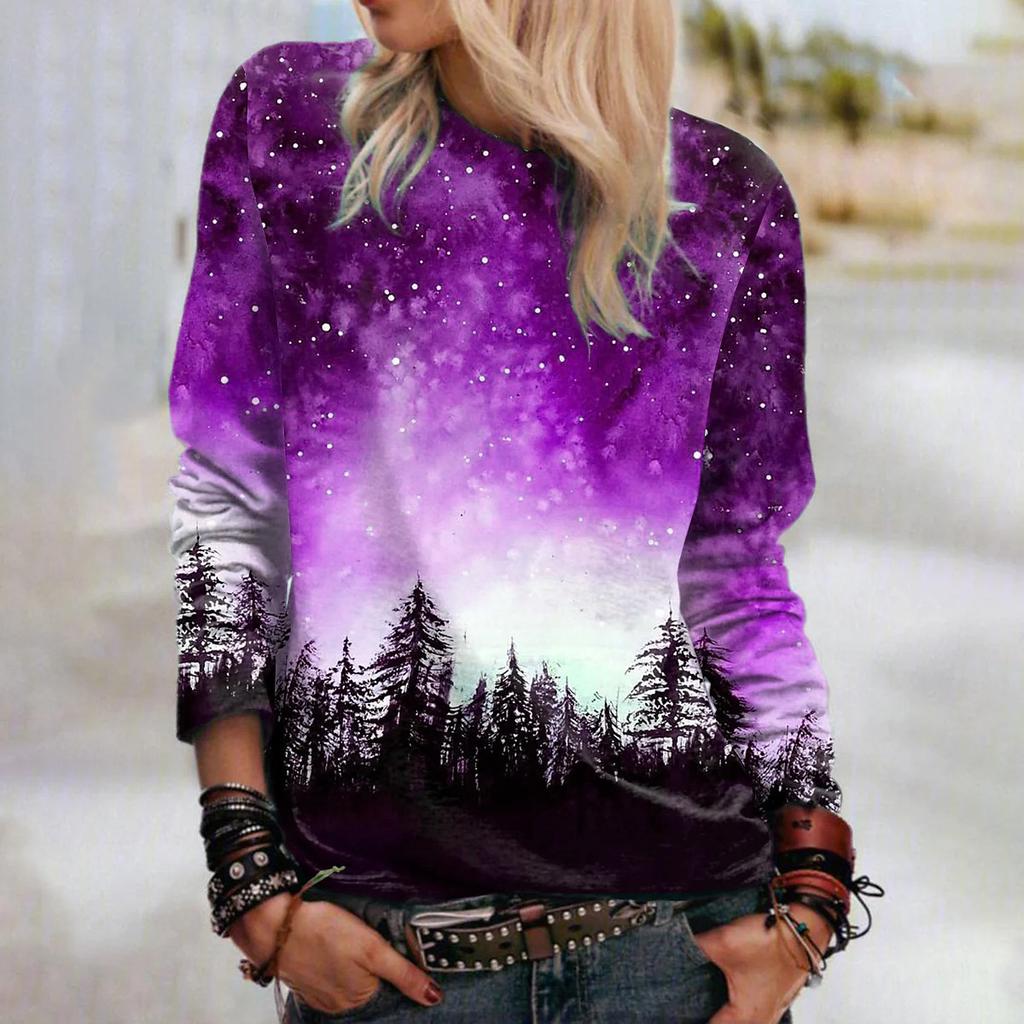 Women Autumn Tops Loose Cat Beautiful Forest Print Causal Long Sleeve T-shirt Top Blouse