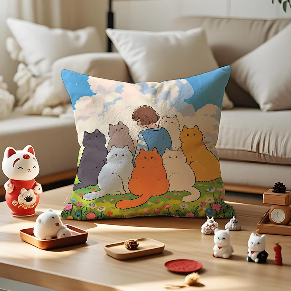 Cartoon Cat Picture For Wake Up Cushion Cover Anti-dustmite Pillowcase Invisible Zipper Silky Short Plush Sofa Cushion Cover