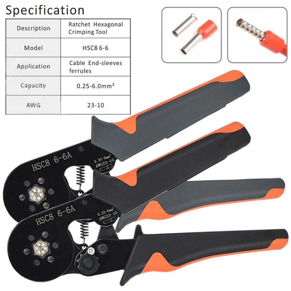 Инструмент для обжима наконечников HSC8 6-6A AWG 0.25-6mm² 23-10 Саморегулирующийся шестигранный храповой механизм Электрические обжимные клещи Ручной инструмент