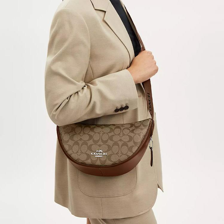 Coach Pace 29 Logo Zipper Closure Coated Canvas And Fine Calfskin Crossbody Shoulder Bag Large Women shoulder bag Silver Khaki Saddle CT643-SVWQ3