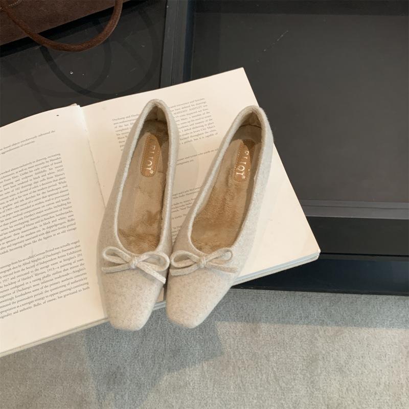 Нежные ретро шерстяные одинарные туфли женские с бантом на плоской подошве балетки женские осенне-зимние бархатные теплые туфли бабушки