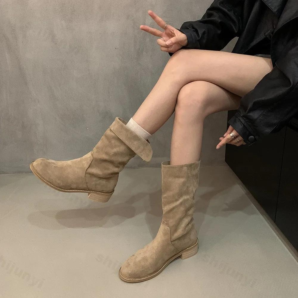 Модные женские сапоги на высоком каблуке с плиссе до середины голени, осенне-зимние женские модные кожаные сапоги в стиле вестерн, женские сапоги-ковбойши с острым толстым каблуком
