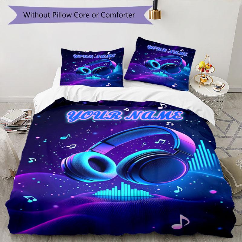 3pcs Custom Name Music Waves Headphones Bedding Set Printed Bedding Set Duvet Cover Closure Includes 1 Duvet Cover & 2 Pillowcases Bedroom Decor