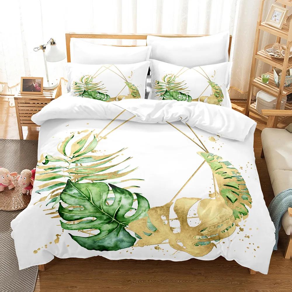 Высококачественный пододеяльник Комплект постельного белья Принт Зеленые листья Тропический лес Комплект пододеяльника Наволочки Housse De Couette Кинг Квин