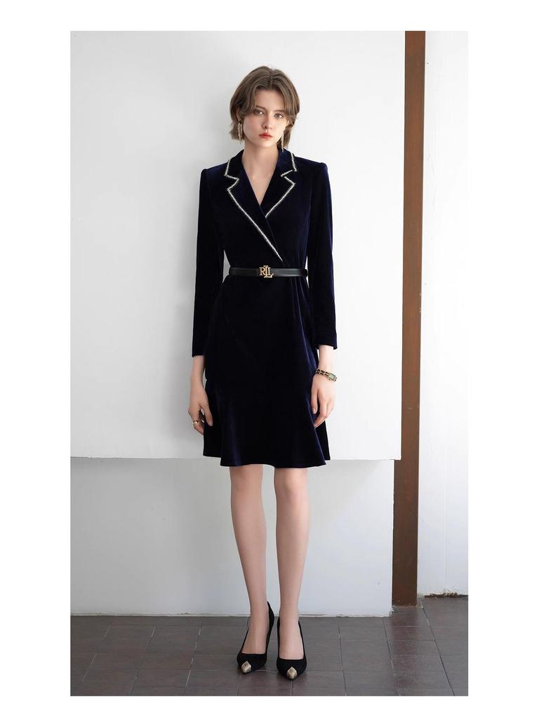 2024 Ранняя осень Темно-синее бархатное женское формальное платье с оборками и длинными рукавами