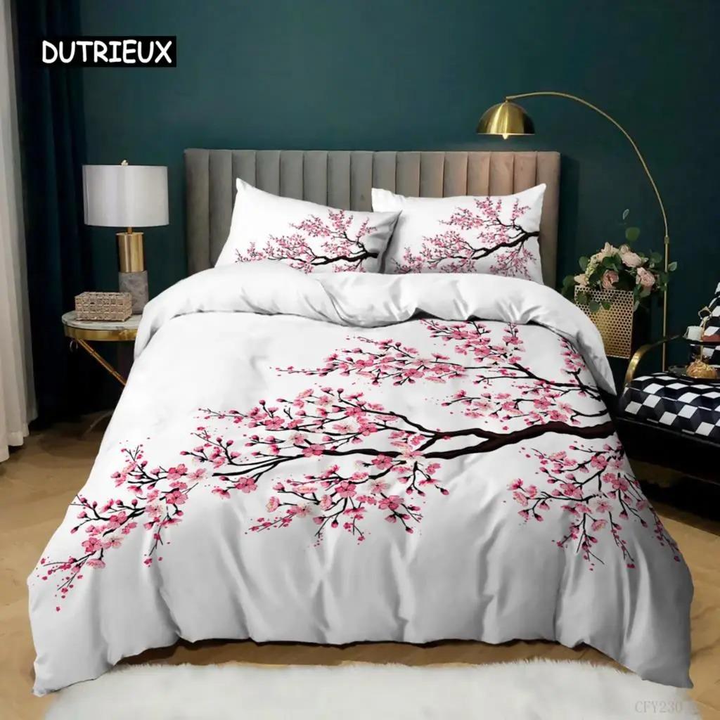 Plum Blossom Duvet Cover Collection King Pink Flower Quilt Cover For Girls Microfiber Branches Printed Bedding Collection