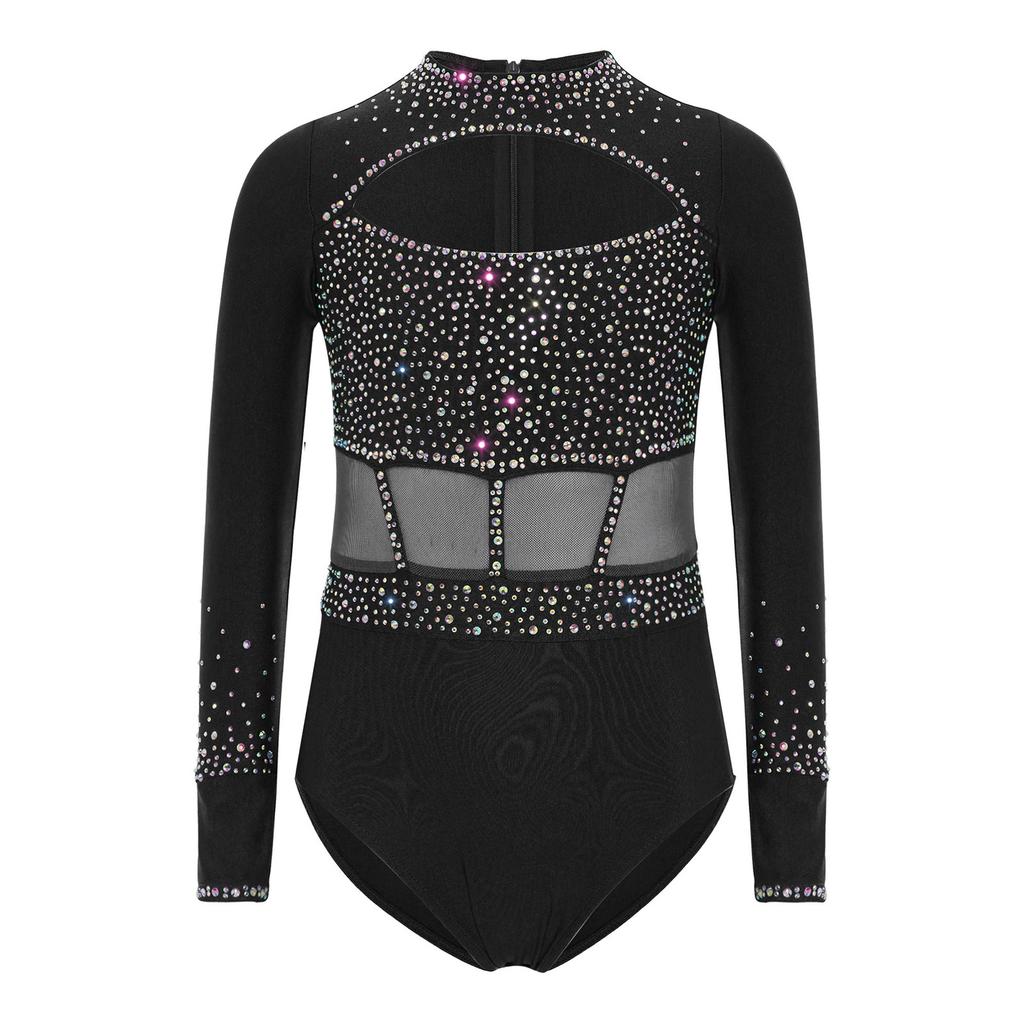 Девочки Блестящие Стразы Длинный Рукав Задняя Невидимая Молния Вырез спереди Гимнастический Купальник Сценический Боди