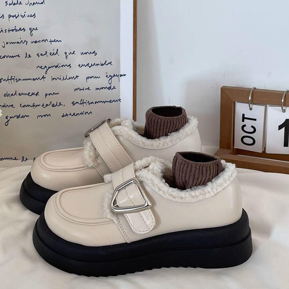 Platform Muffin Velvet Small Leather Shoes Women's 2025 New Autumn and Winter Warm Loafers Retro British Cotton Shoes Ins