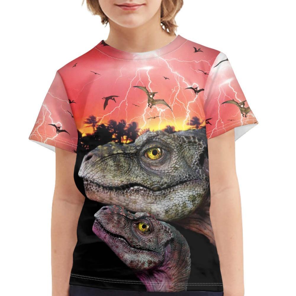 Children's Dinosaur and Cat 3D Digital Printed Boys' Casual and Comfortable Round Neck Short Sleeved T-shirt