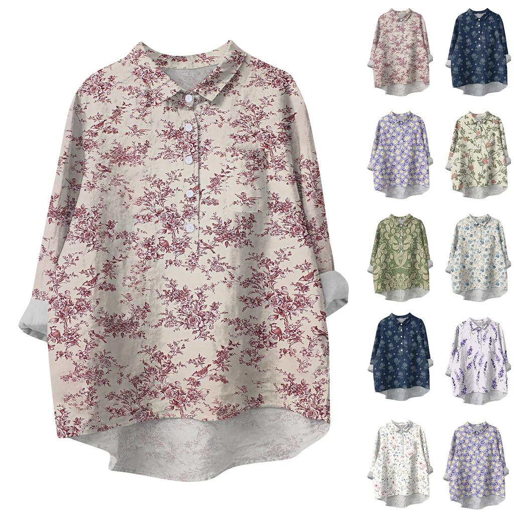 Women's Shirt Blouse Long-sleeved With Buttons Print Casual Hem Irregular Shirt Collar Top