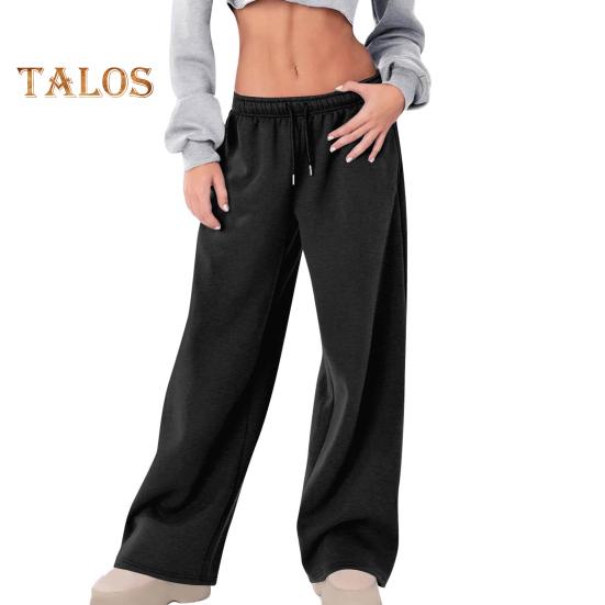 Женские спортивные брюки средней посадки с эластичной резинкой на талии, регулируемые длинные брюки с завязками, однотонные широкие брюки на бархатной подкладке для осени и зимы