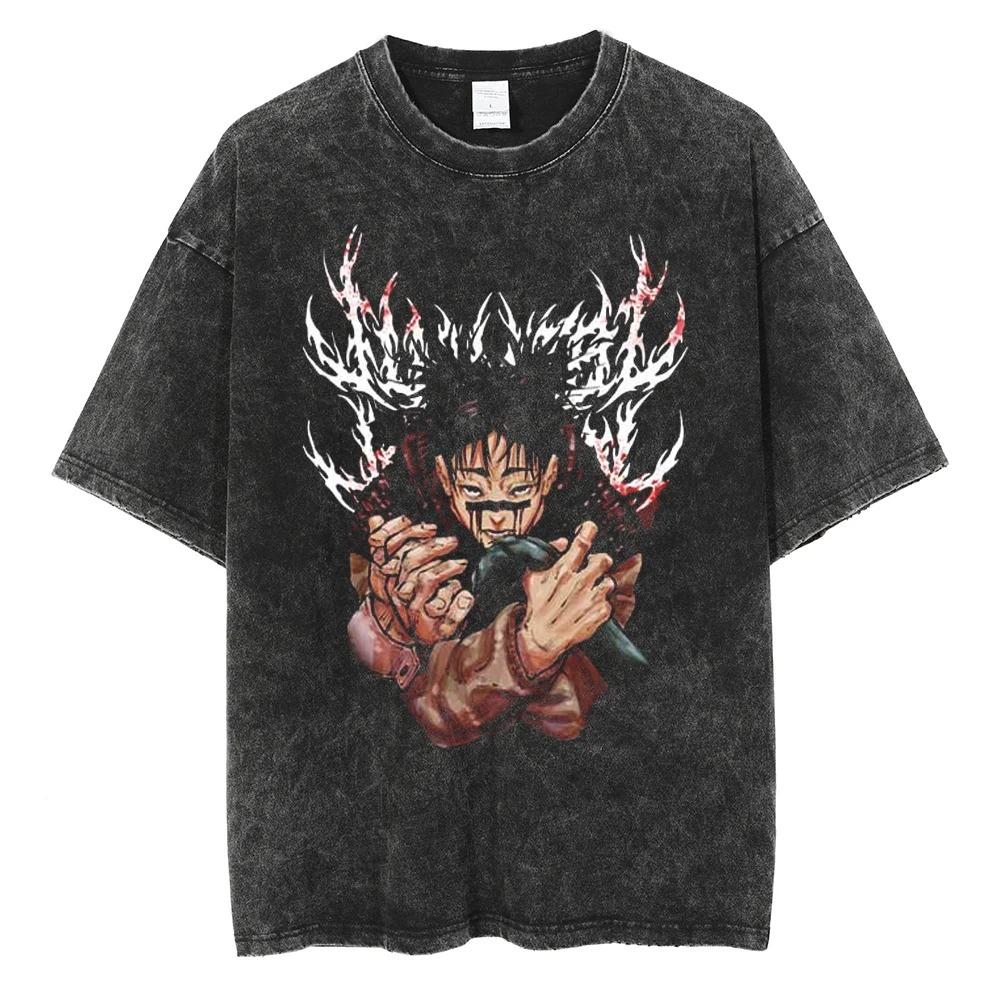 Anime Jujutsu Kaisen Zenin Maki Cool Printed T-shirt Men's and Women's Washed T-shirt High Quality Vintage Cotton T-shirt Tops