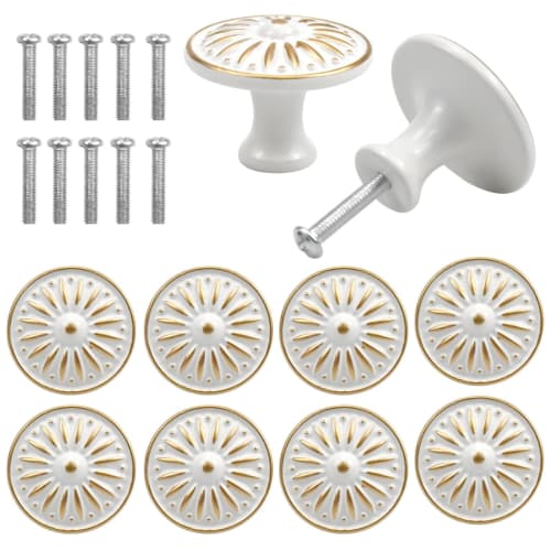 Set of 10 Antique White Drawer Knobs, Round Door Handles with Screws, Retro Floral Pattern, Approx. 35mm Diameter, for Kitchen, Room, Interior Doors,