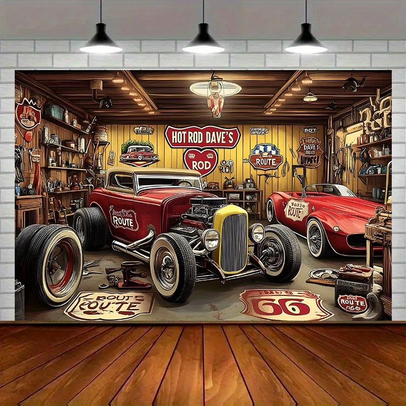 Vintage Hot Car Garage Party Banner - Suitable for home, photo props, and nostalgic events with classic car scenes