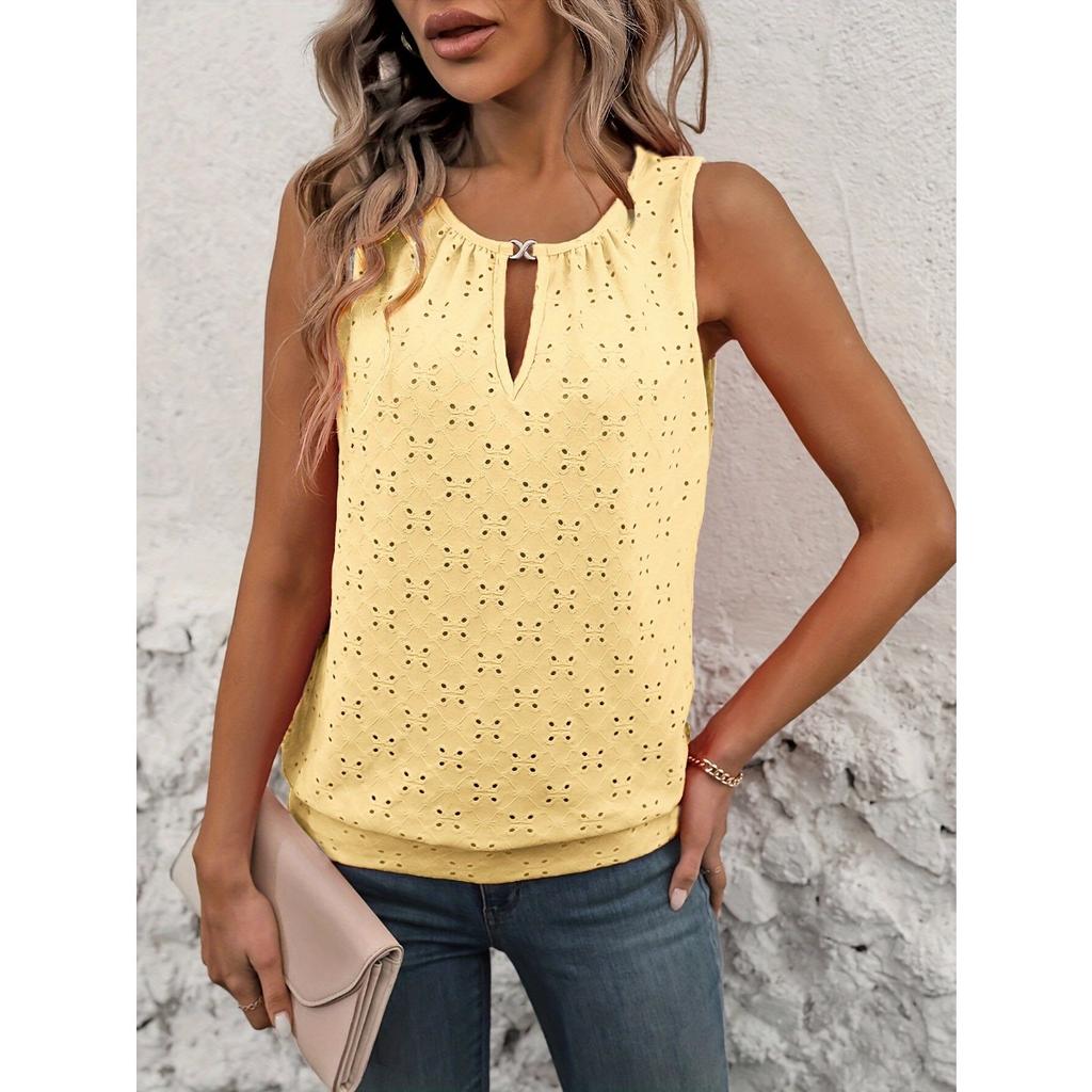 Ladies' Elegant Sleeveless Vest -Semi Transparent Round Neck Lightweight Top, Medium Stretch Casual, Sleeveless Butterfly Pattern, Non Transparent