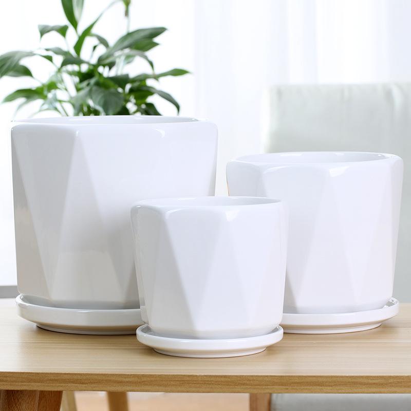 Simple White Ceramic Flower Pot with Base for Indoor Plants - Available in Large and Extra Large