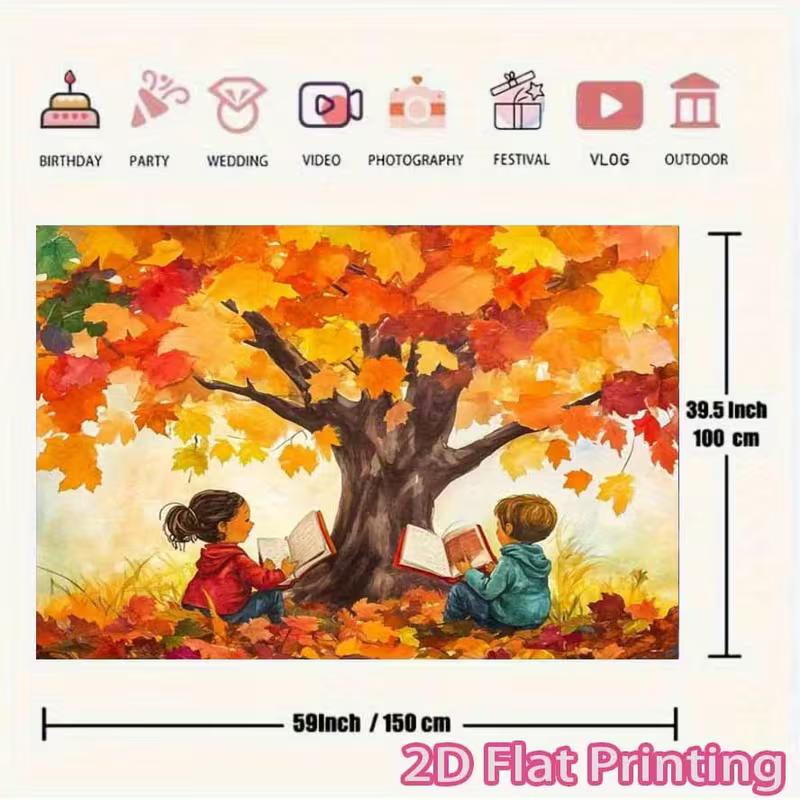 2D Autumn Reading Kids Backdrop, Fall Tree Book Scene Wall Hanging