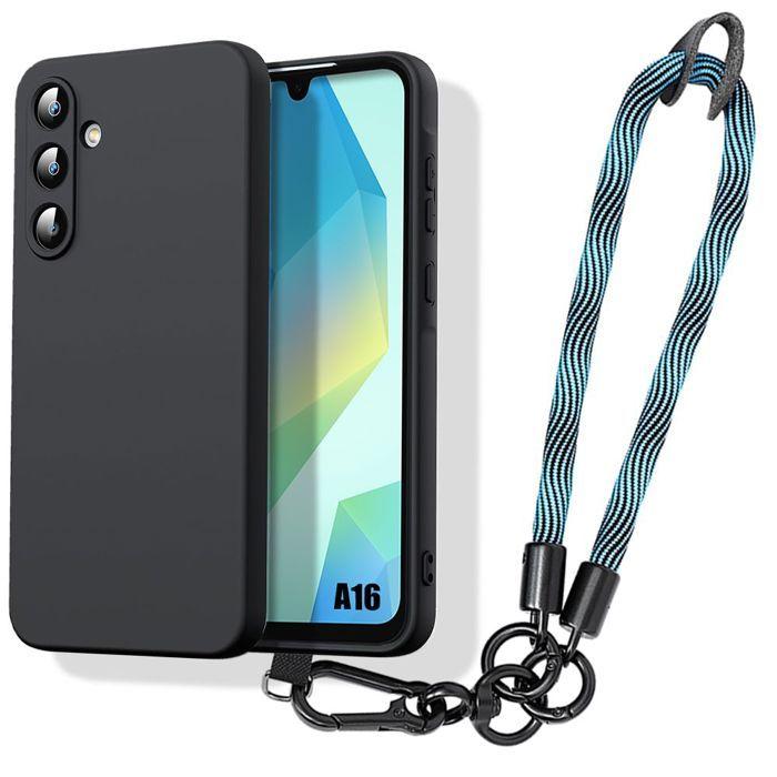 Coque pour Samsung Galaxy A16 5G/4G, Protection Antichoc Silicone Noir avec Dragonne Amovible Bleu