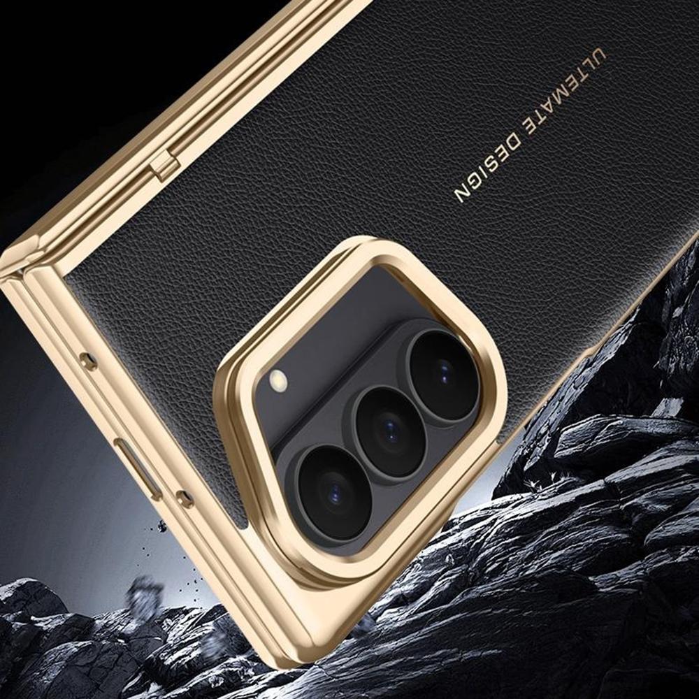 For Samsung Galaxy Z Fold7 5G Case Leather+PC Electroplated Phone Cover with HD Tempered Glass Film,Lens Kickstand