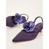 Fashion High Quality Low Heel Satin Design Pointy Toe Sandals Women Summer Front Rear Strap Flower Decoration High Heels Women Pumps
