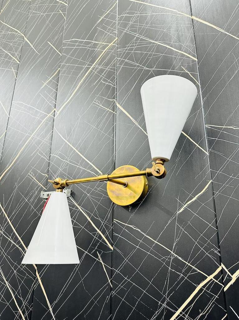 Mid-Century Modern Brass Wall Sconce: Double Cone Vanity Light