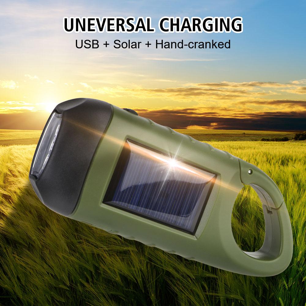 For Outdoor Camping Hiking Hand Crank Dynamo Flashlight Portable USB Charging Emergency Torch Survival Gear Solar Powered LED Flashlight
