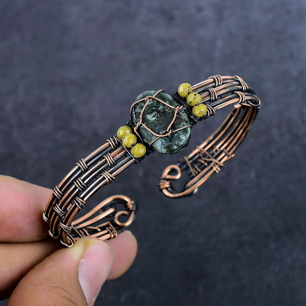 Браслет-манжета из натурального драгоценного камня серафинита, медная проволока, регулируемый D5A59