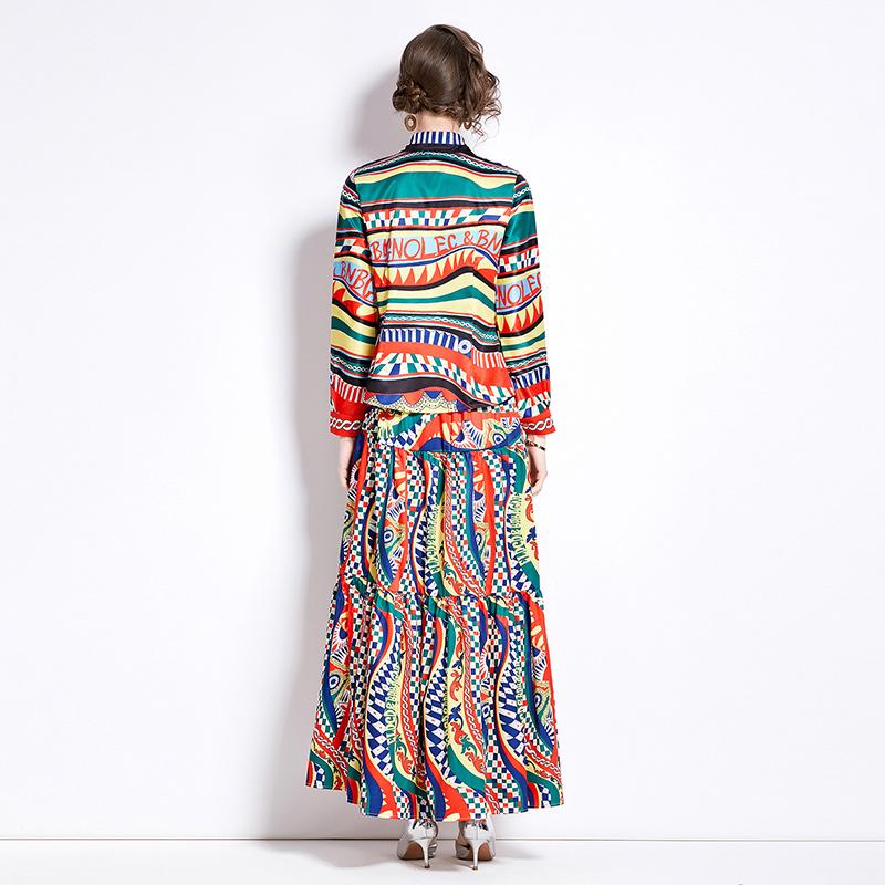Spring Autumn Women European Designer Print Runway Outfits Full Sleeve Lapel Shirt Tops and Long Maxi Skirt Two Piece Set