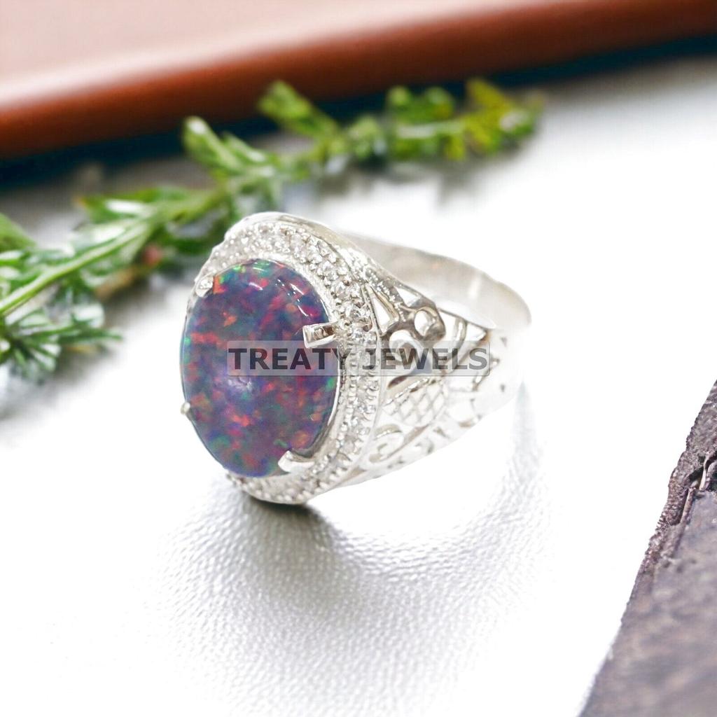 Black Opal Oval Cut Gemstone With 925 Sterling Silver Ring For Men's #272 JL375577072870
