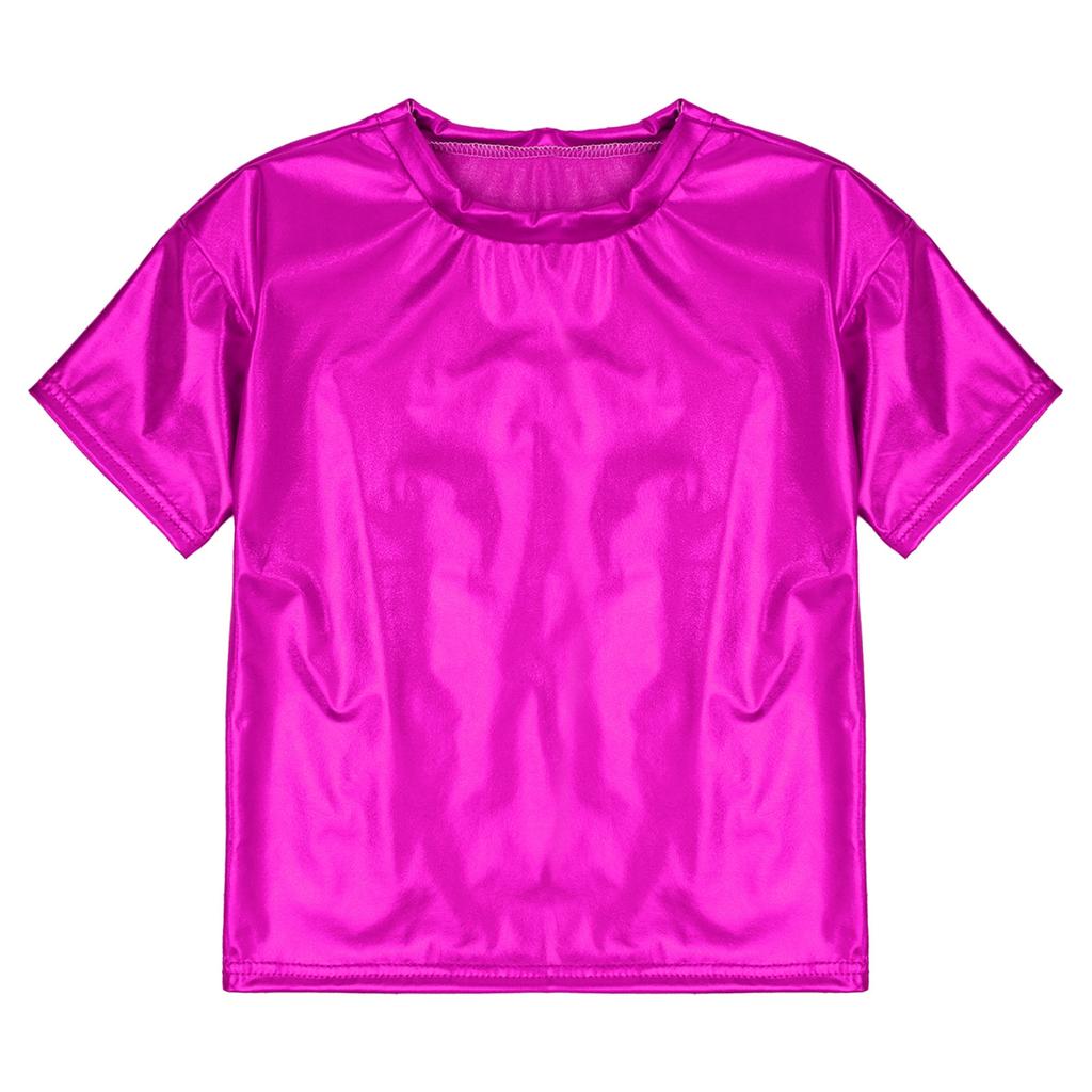 Детские блестящие футболки металлизированного цвета с короткими рукавами для мальчиков и девочек, топы для танцев, вечерние блестящие наряды