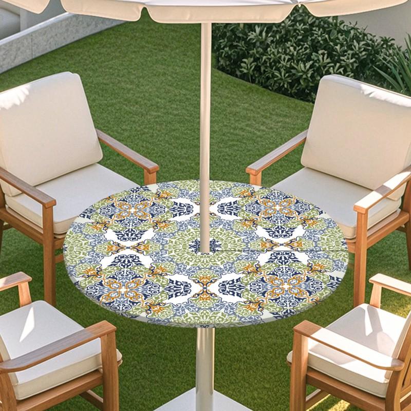 Outdoor Round Table Cover With Geometric Waterproof Elastic Edge Patio Garden Dining