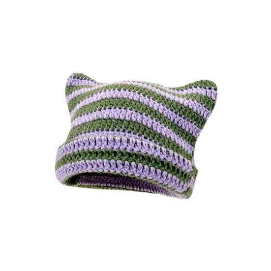 Женская вязаная шапка с кошачьими ушками, полосатая, контрастного цвета, высокая эластичность, противоскользящая, мягкая, толстая, теплая, ветрозащитная, унисекс, зимняя шапка-бини без полей